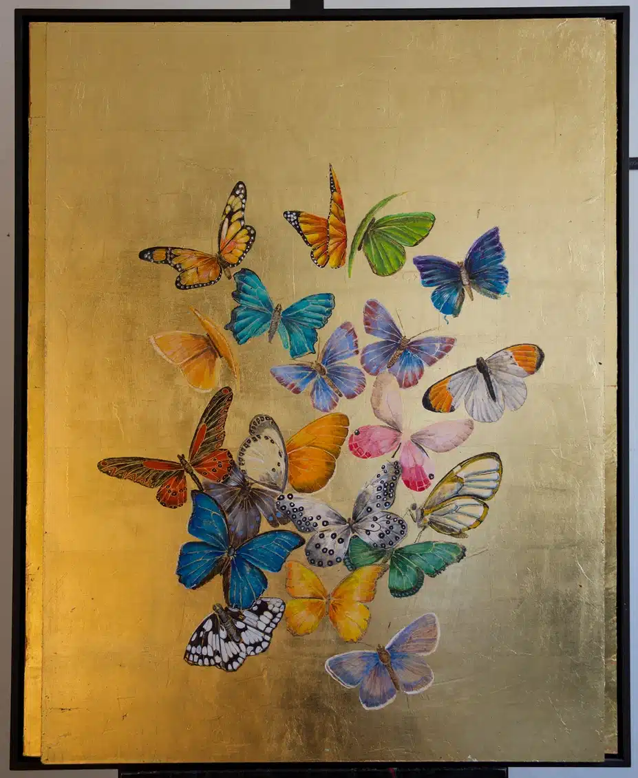 Schmetterlingskolonie, Acryl, Blattmetall, Karton, 100 x 80